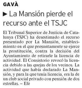 Notcia publicada al diari LA VANGUARDIA sobre el recurs perdut al TSJC per part del Club 'La Mansin' de Gav Mar per evitar el seu tancament (8 de Febrer de 2000)